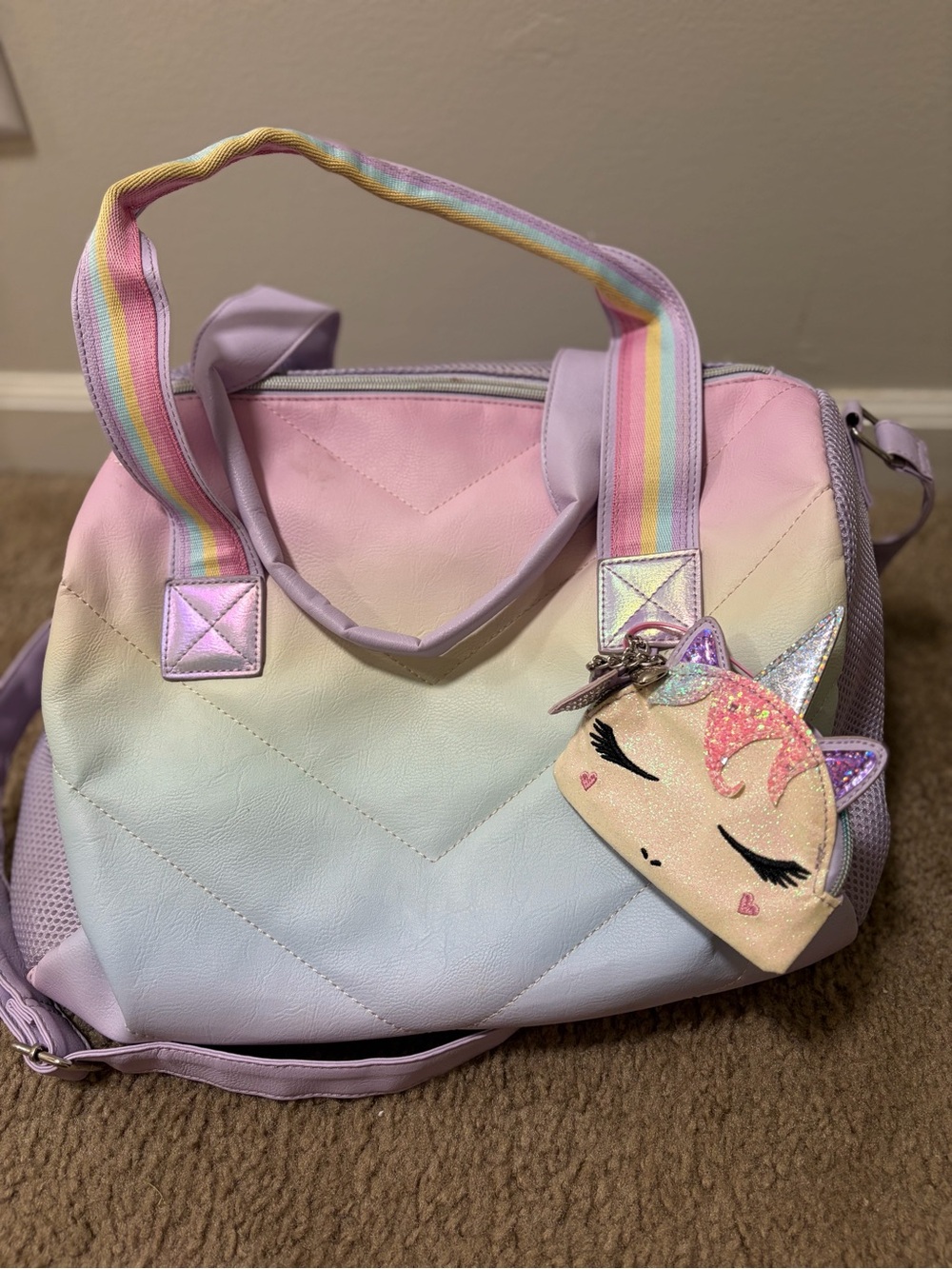 Pastel Unicorn Kids Duffel Bag with Rainbow Strap